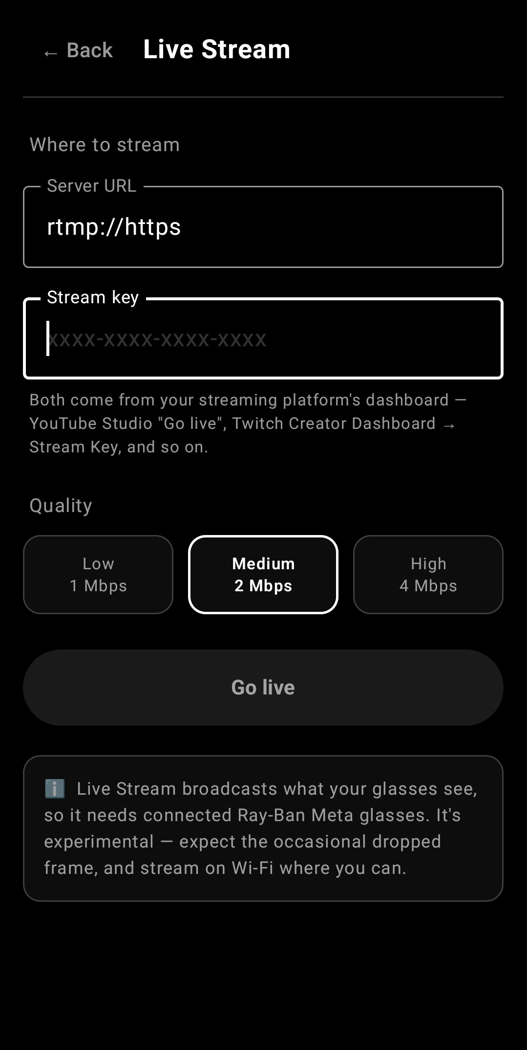 Live Stream setup screen — server URL, stream key, quality