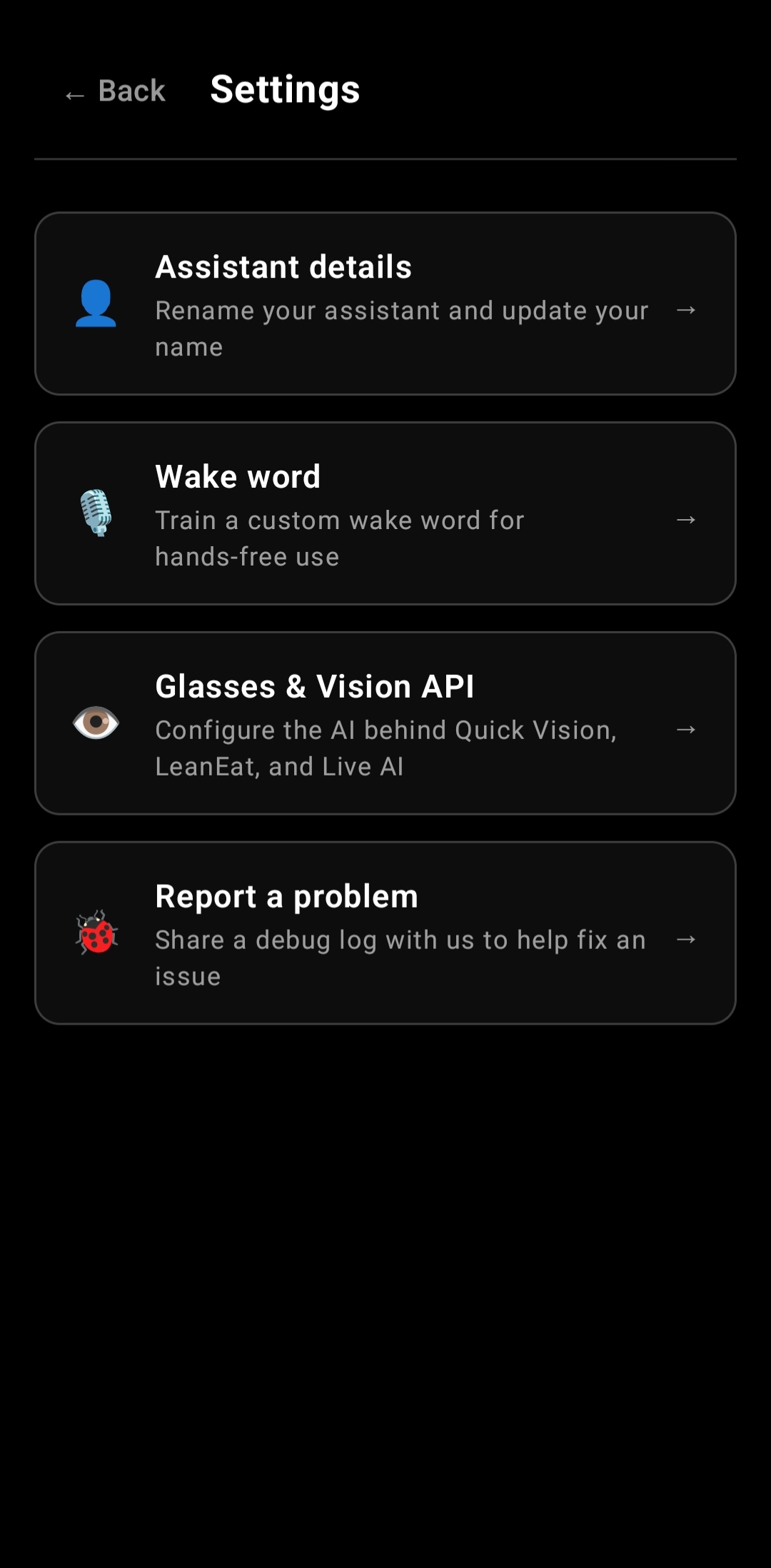 Niya Settings screen with Report a problem highlighted