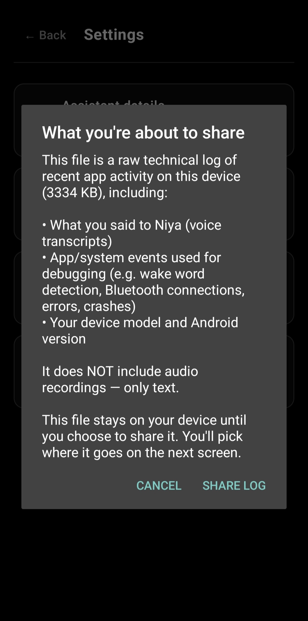 What you're about to share dialog with Share Log button